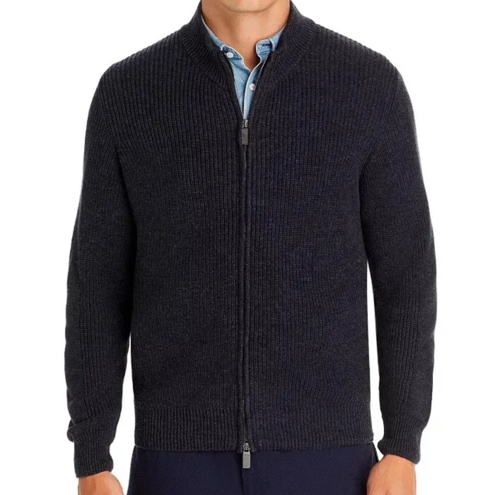 New Canali Ribbed Cotton & Cashmere Knit Full Zip Cardigan in Charcoal Size 56